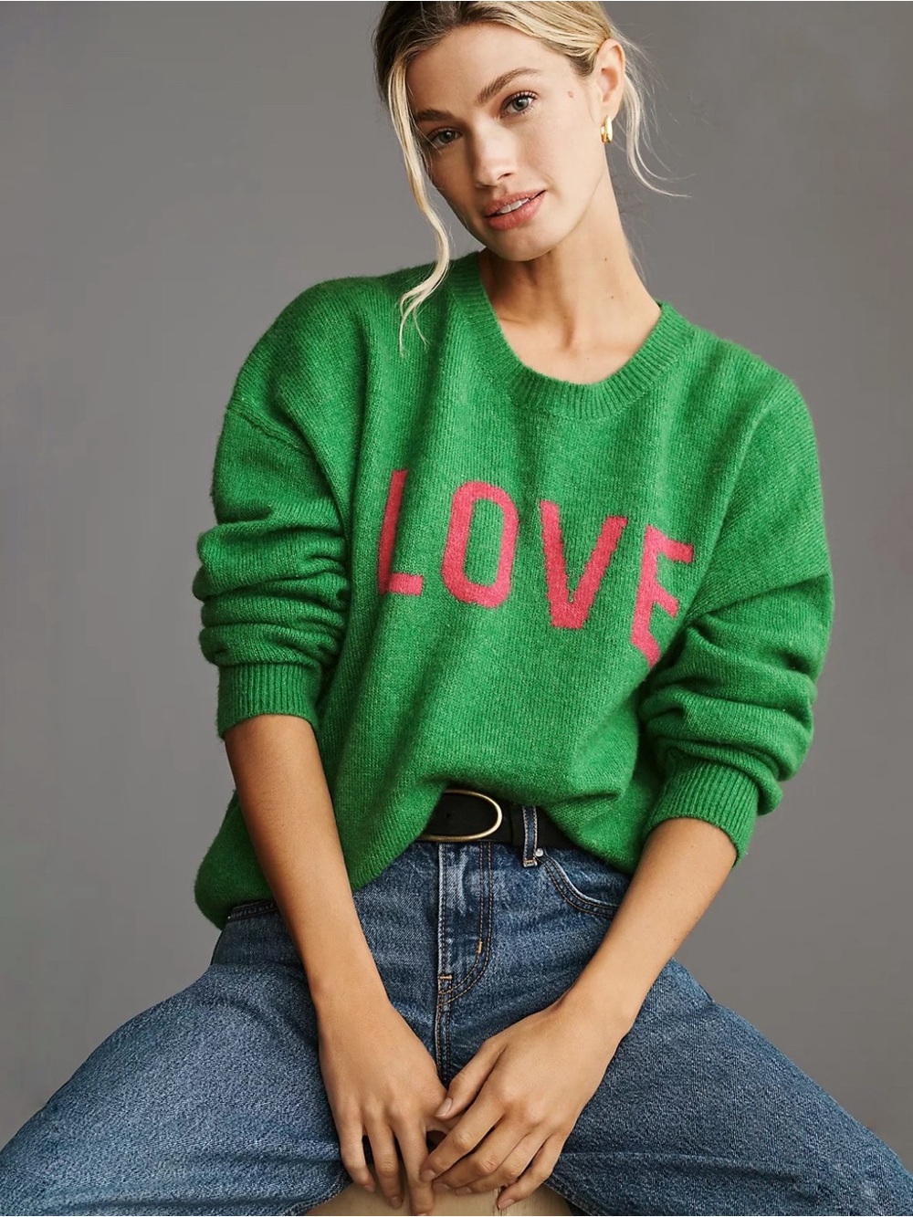 Sundry Love Oversized Green Crewneck Sweater with Pink Graphic Size Small